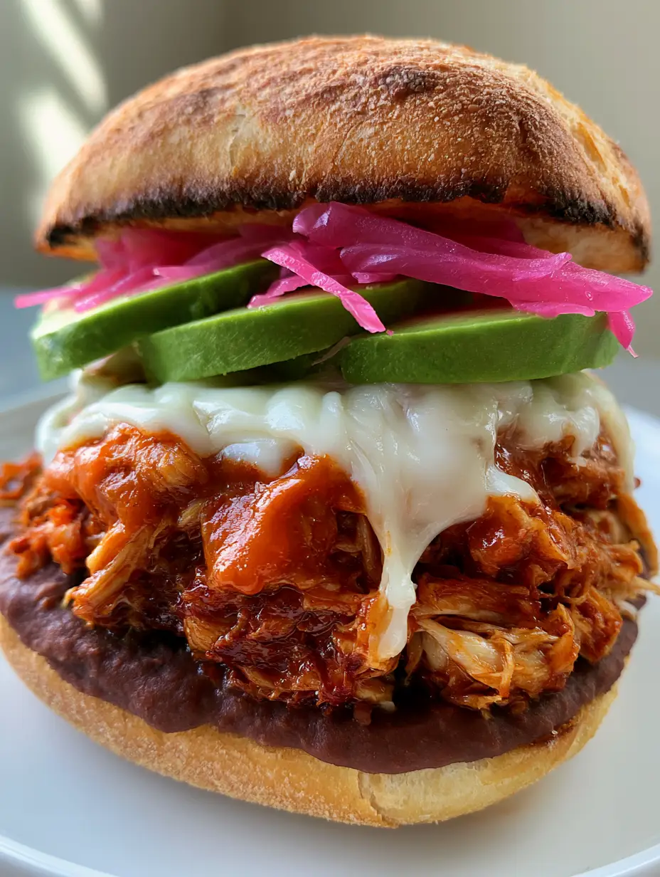 A handheld smartphone photo of a stacked Mexican Chipotle Chicken Torta sandwich on a toasted bolillo roll with visible cheese pulls and red-orange sauce.