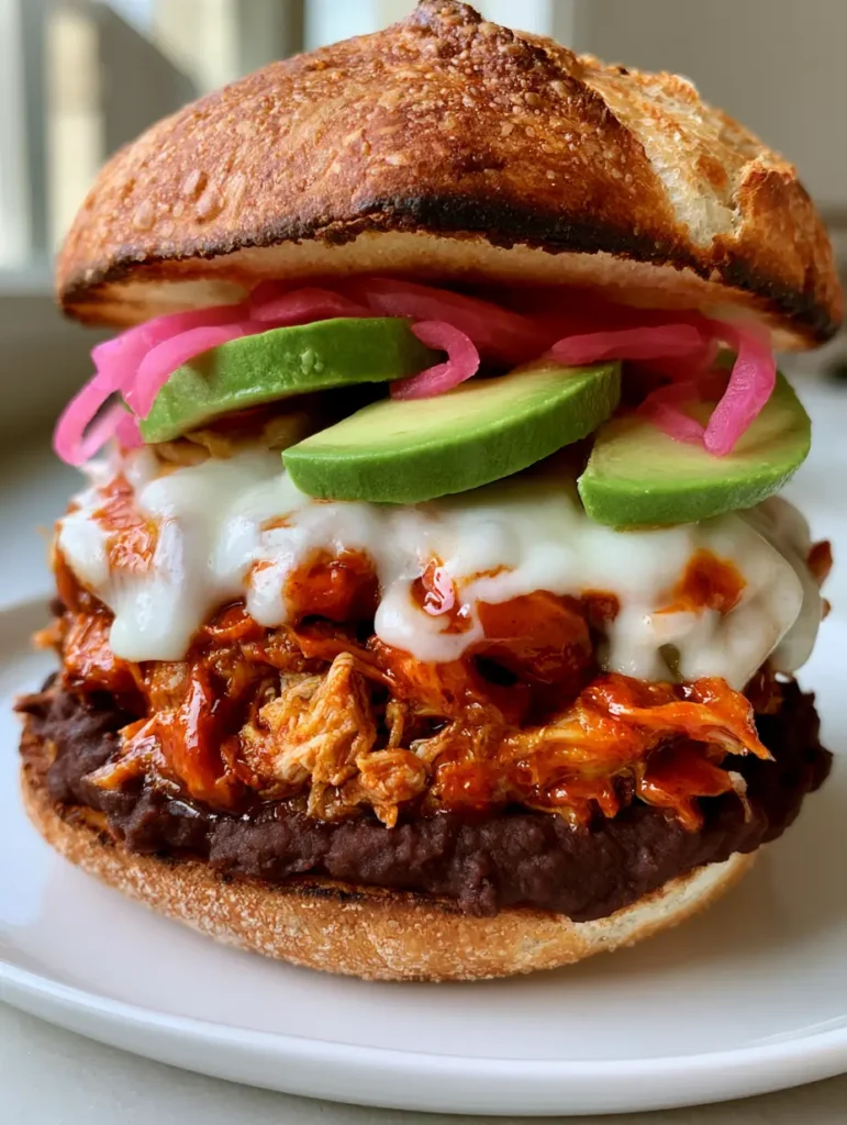 A cross-section view of a Chipotle Chicken Torta showing the layers of refried beans, chipotle chicken, melted cheese, and fresh avocado.