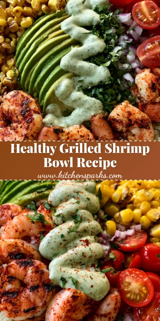 Grilled Shrimp Bowl with Fluffy Quinoa and Creamy Cilantro Lime Dressing 4 A vibrant Grilled Shrimp Bowl with charred corn, avocado, and a creamy cilantro lime drizzle in a white ceramic bowl.