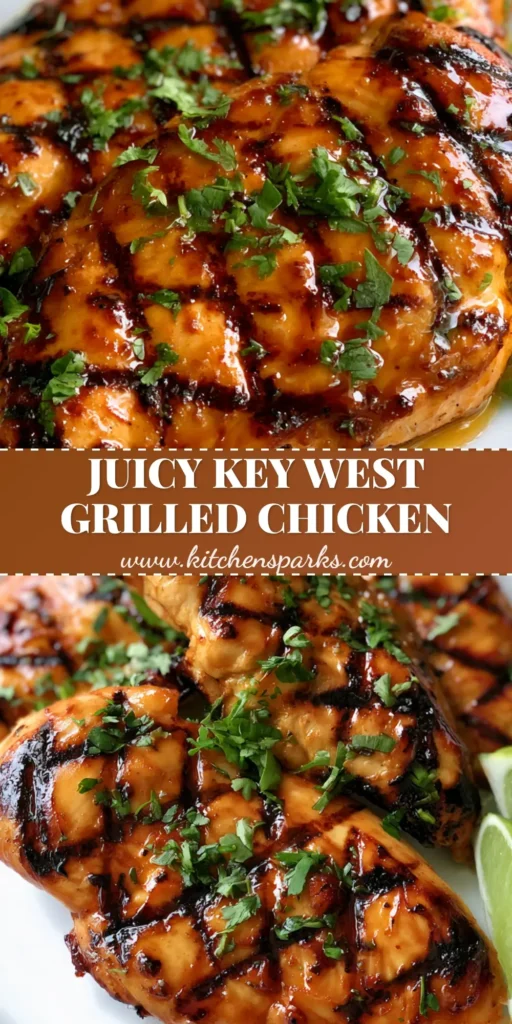 Key West Grilled Chicken with a Glossy Honey-Soy Glaze 4 A top-down view of Key West Grilled Chicken on a white plate with honey-soy glaze, cilantro, and lime wedges.