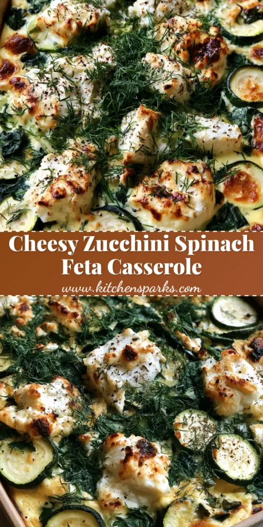 A close-up vertical shot of a Zucchini Spinach Feta Casserole slice showing layers of green zucchini, dark spinach, and browned feta crumbles.