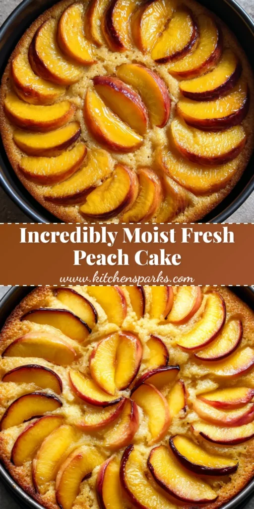 Fresh Peach Cake Recipe: The Ultimate Golden Summer Dessert with Caramelized Peaches 4 A stunning Fresh Peach Cake Recipe featuring concentric rings of fresh peach slices in a dark baking pan.