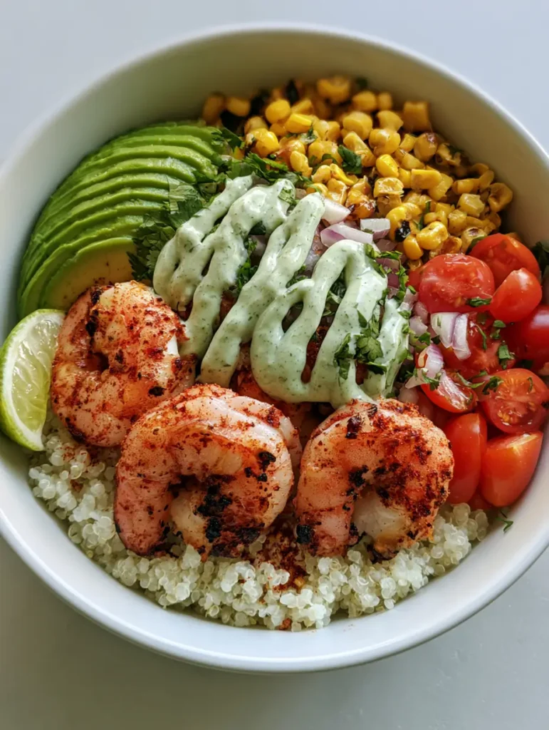 Grilled Shrimp Bowl with Fluffy Quinoa and Creamy Cilantro Lime Dressing 1 Close up of charred grilled shrimp and creamy cilantro lime sauce zig-zagged across a quinoa bowl.