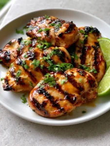 Smartphone photo of grilled chicken breast with cross-hatch marks and honey-soy glaze. (Key West Grilled Chicken)
