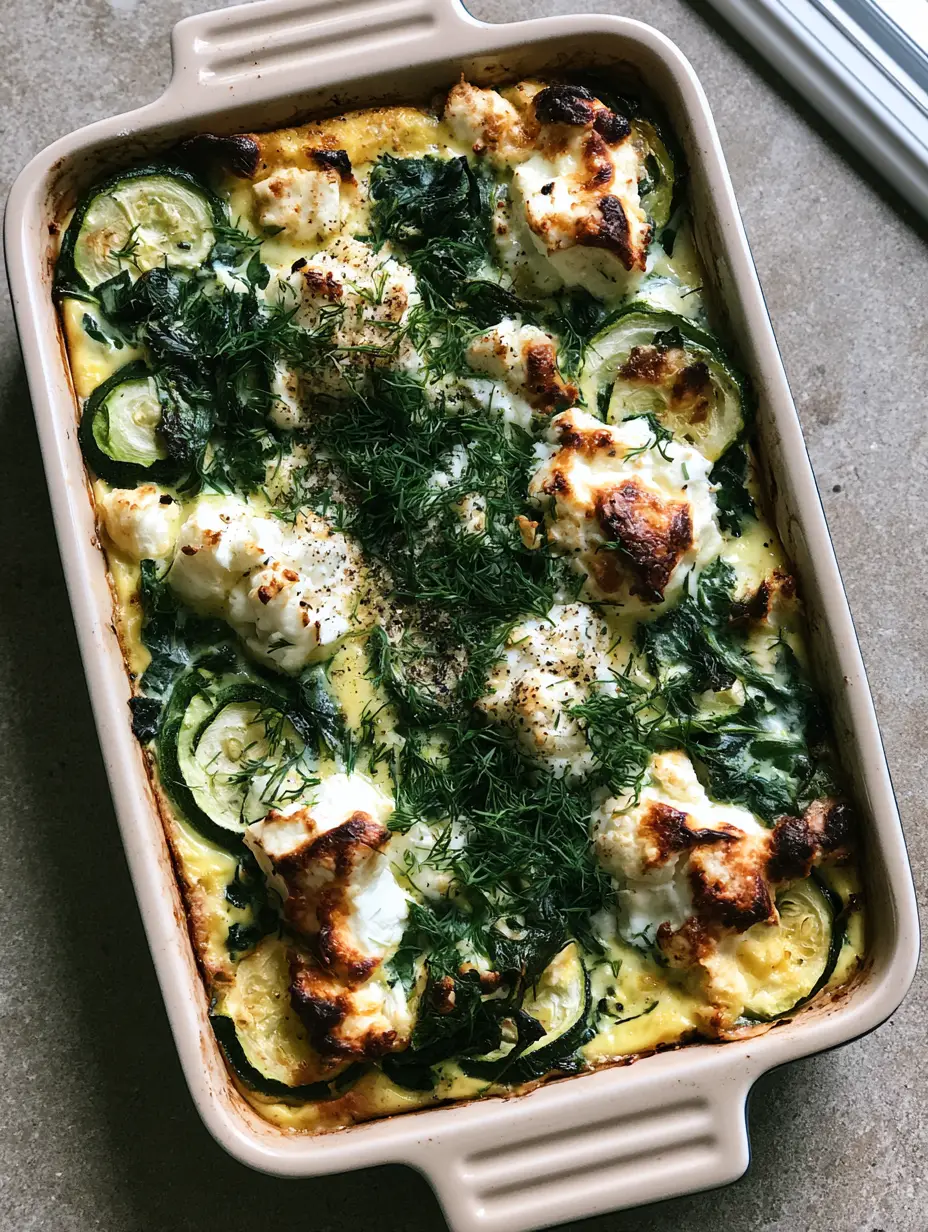 A rectangular ceramic baking dish filled with a baked Zucchini Spinach Feta Casserole featuring visible zucchini rounds and golden-brown feta on a stone countertop.