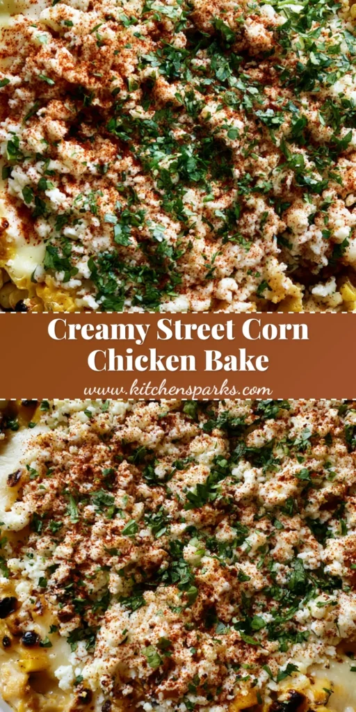 A top-down view of Street Corn Chicken Casserole in a white dish featuring charred corn, melted Monterey Jack, Cotija cheese, and cilantro.