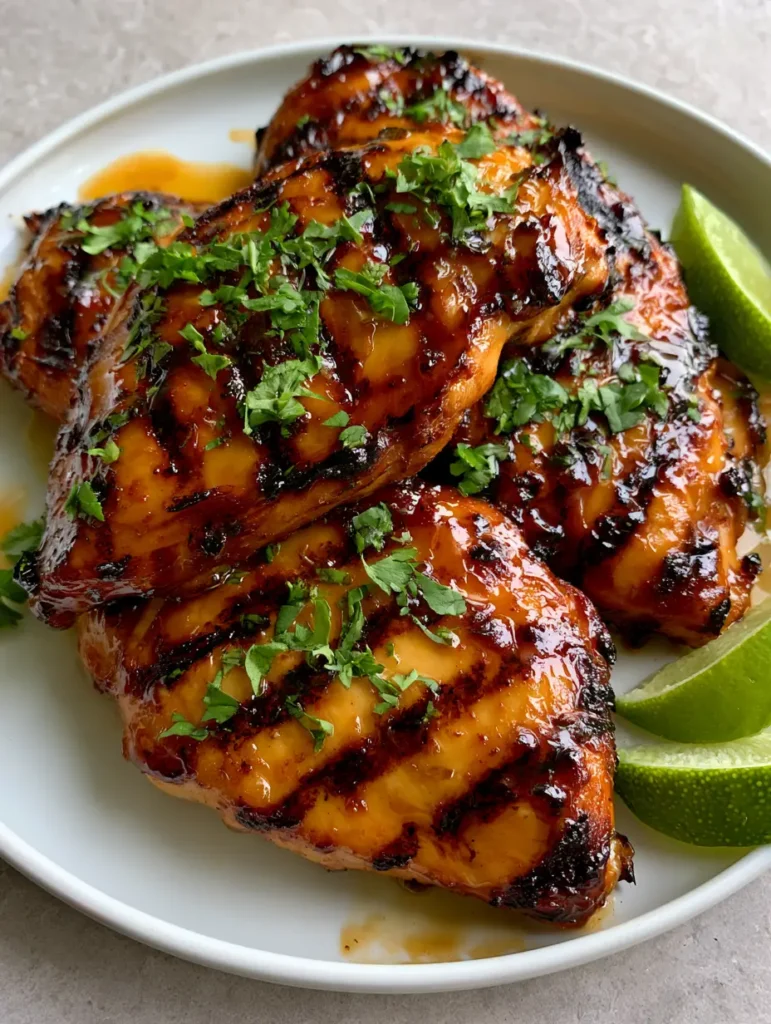 Key West Grilled Chicken with a Glossy Honey-Soy Glaze 1 Key West Grilled Chicken pieces on a ceramic plate featuring fresh lime wedges and chopped cilantro garnish.