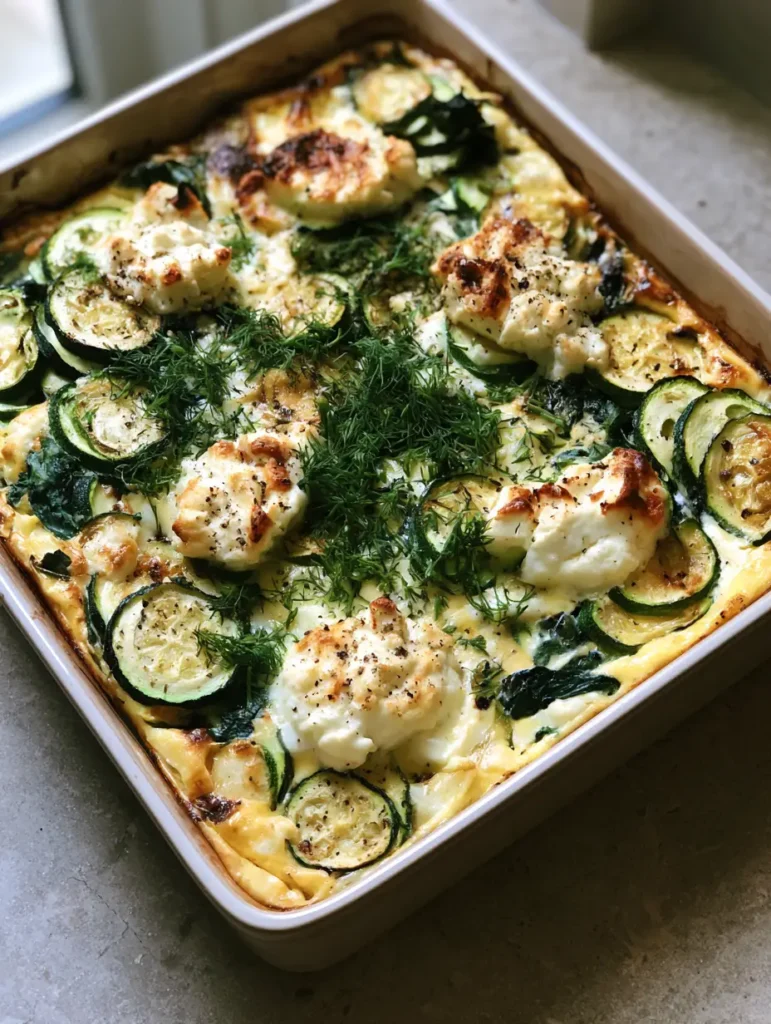 Top-down view of the Zucchini Spinach Feta Casserole garnished with fresh dill and cracked black pepper.