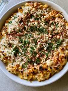 Close up photo of the Street Corn Chicken Casserole showing the charred corn kernels and creamy sauce base.