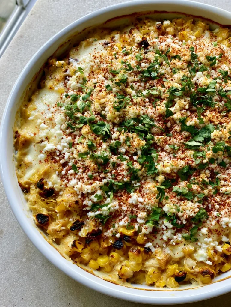 Top down shot of the finished Street Corn Chicken Casserole with cilantro and chili powder garnish.