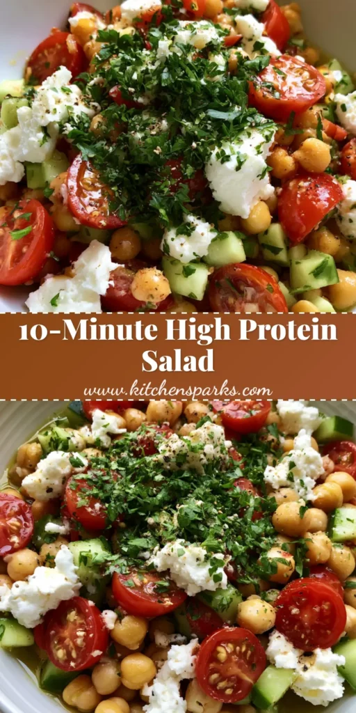 High-Protein Chickpea Salad with Lemon Herb Vinaigrette and Feta 4 A shallow white ceramic bowl containing a vibrant High-Protein Chickpea Salad with cucumbers, tomatoes, and feta on a stone countertop.