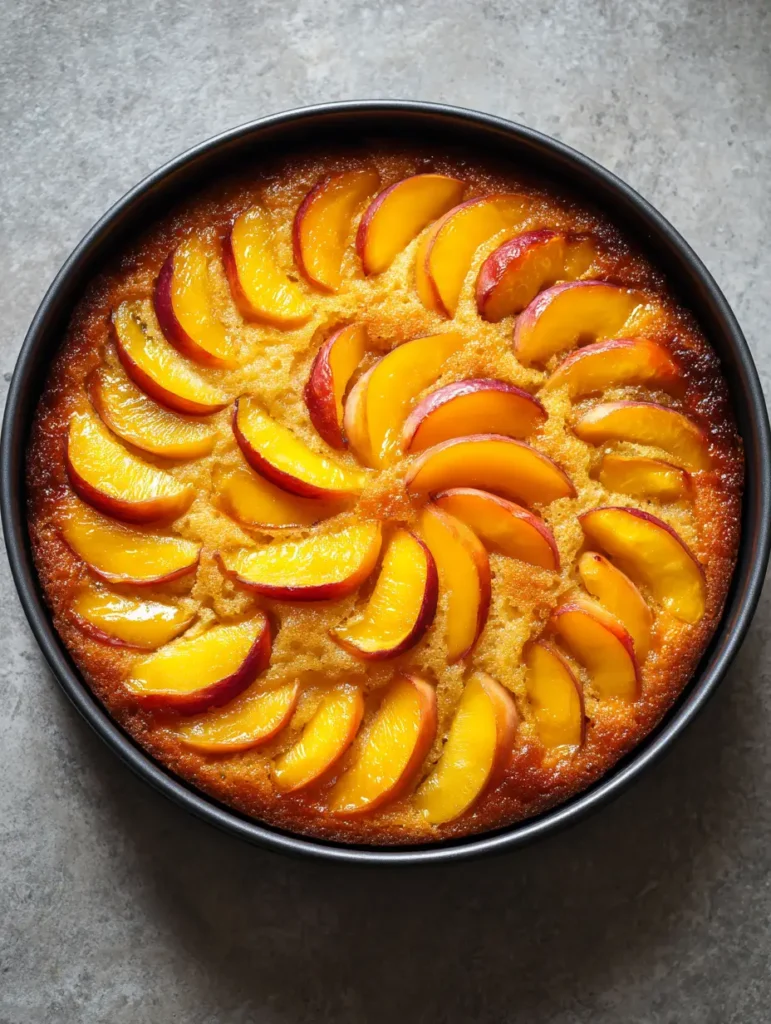 Fresh Peach Cake Recipe: The Ultimate Golden Summer Dessert with Caramelized Peaches 2 Top-down view of a freshly baked Fresh Peach Cake Recipe with golden brown batter and caramelized peach slices.