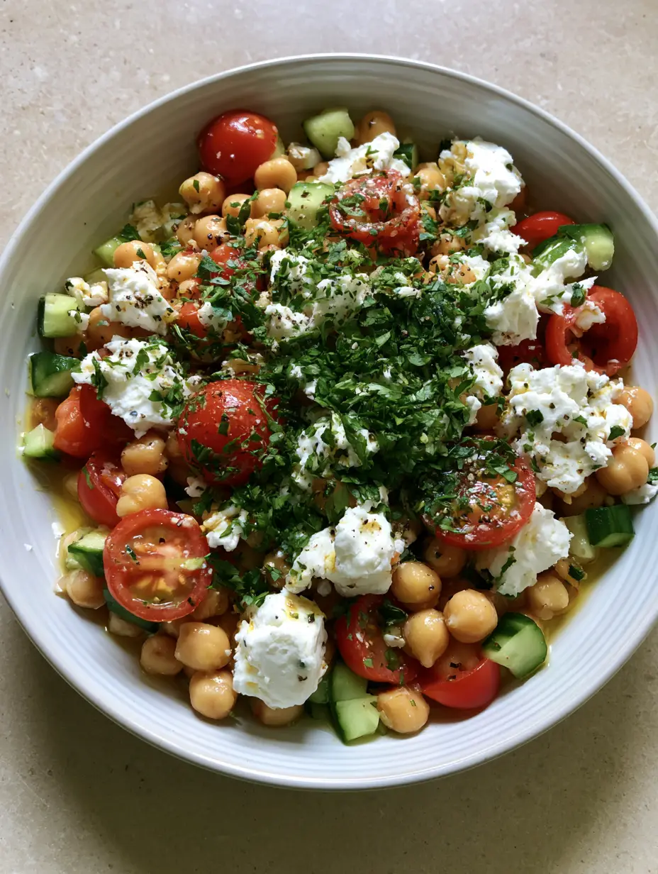 High-Protein Chickpea Salad with Lemon Herb Vinaigrette and Feta 3 Close-up of High-Protein Chickpea Salad showing plump golden chickpeas and glistening lemon herb dressing.