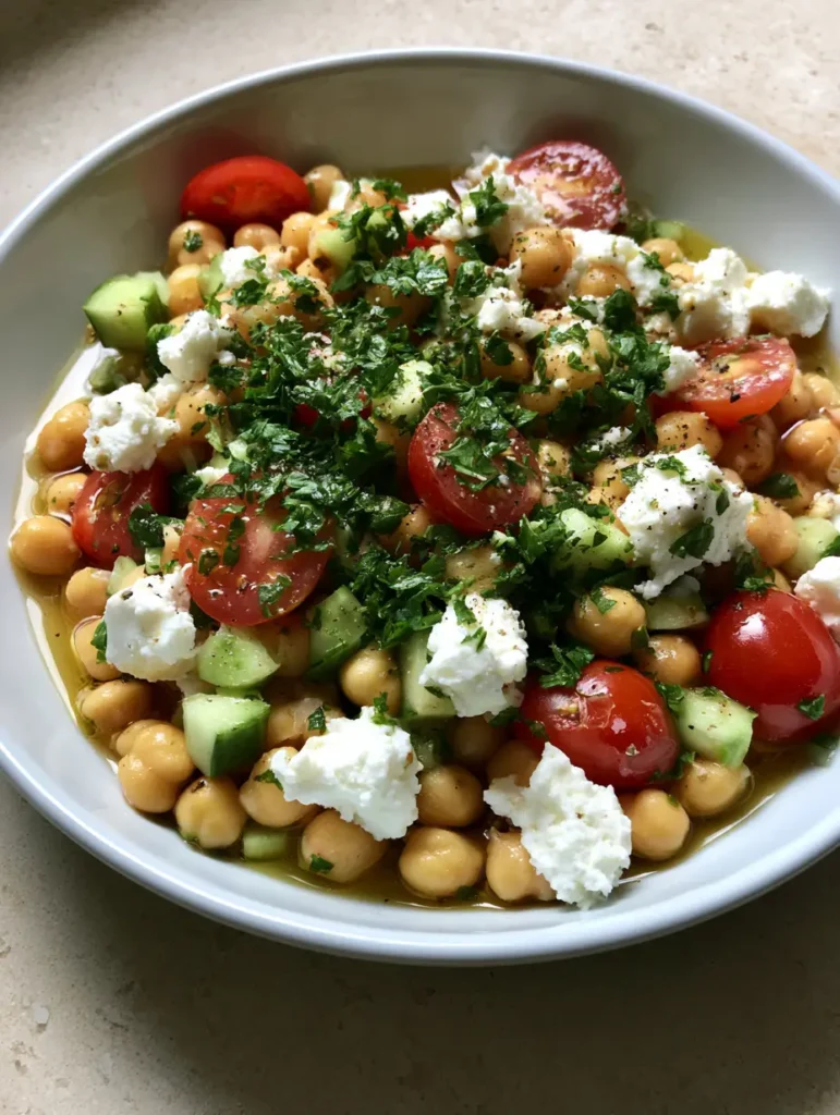 High-Protein Chickpea Salad with Lemon Herb Vinaigrette and Feta 1 Overhead view of a High-Protein Chickpea Salad in a shallow white bowl with generous feta chunks and fresh parsley.