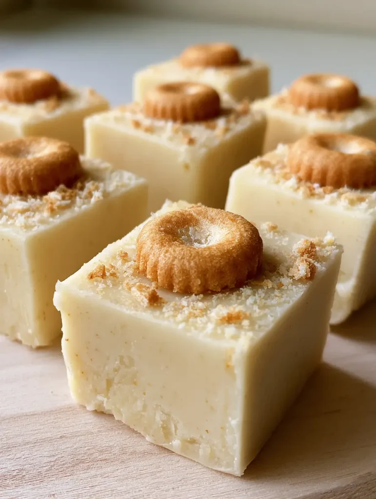 Square pieces of pale yellow Banana Pudding Fudge arranged on a light wood background, featuring a smooth matte finish.