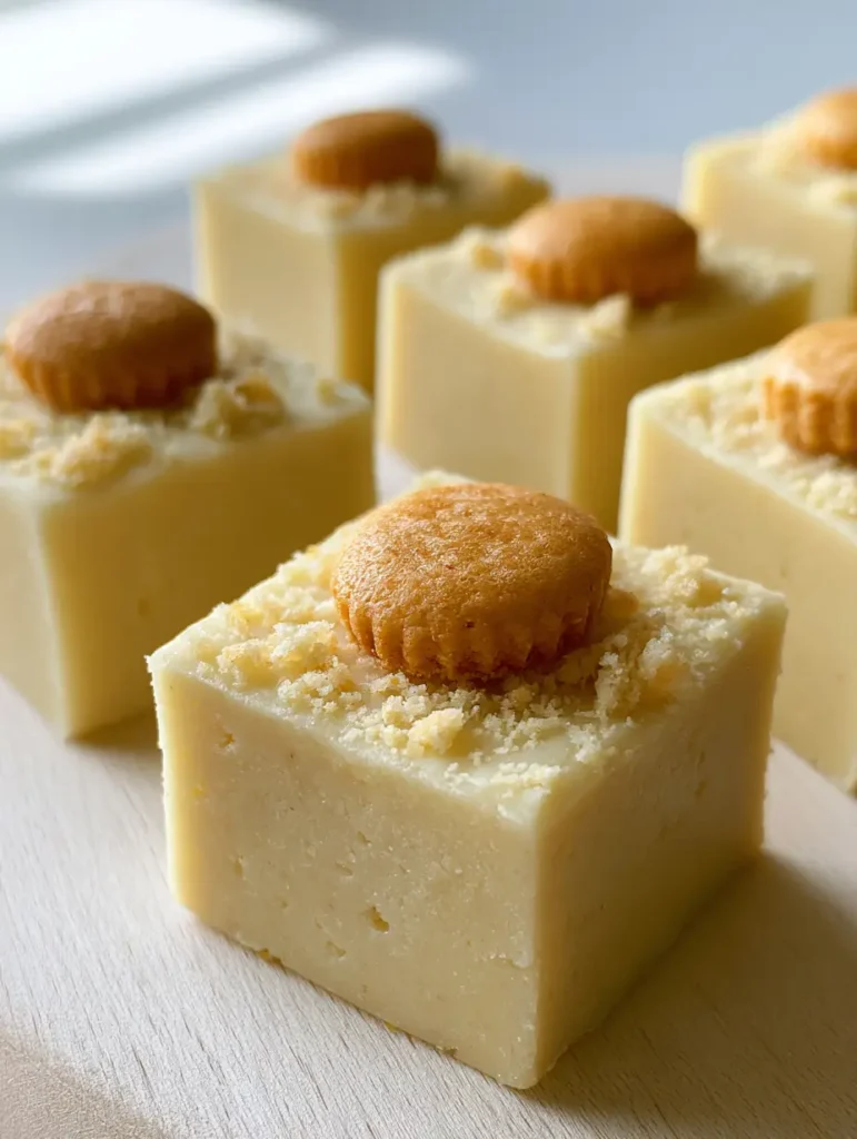 A slightly angled view of Banana Pudding Fudge squares showing the clean-cut edges and crushed wafer crumbs.