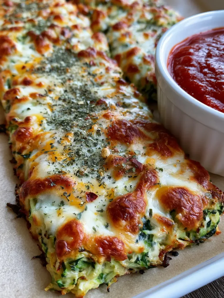 A top-down view of a rectangular tray filled with Cheesy Zucchini Breadsticks showing bubbly mozzarella and cheddar cheese.