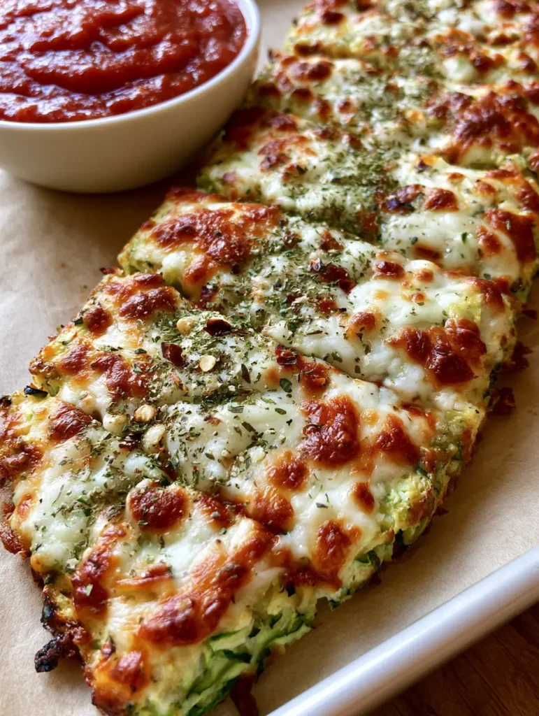 Handheld smartphone photo of a person dipping a Cheesy Zucchini Breadstick into a bowl of red marinara sauce.