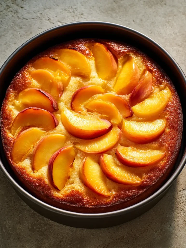 Fresh Peach Cake Recipe: The Ultimate Golden Summer Dessert with Caramelized Peaches 1 Close up of the concentric rings of sliced peaches on the Fresh Peach Cake Recipe.