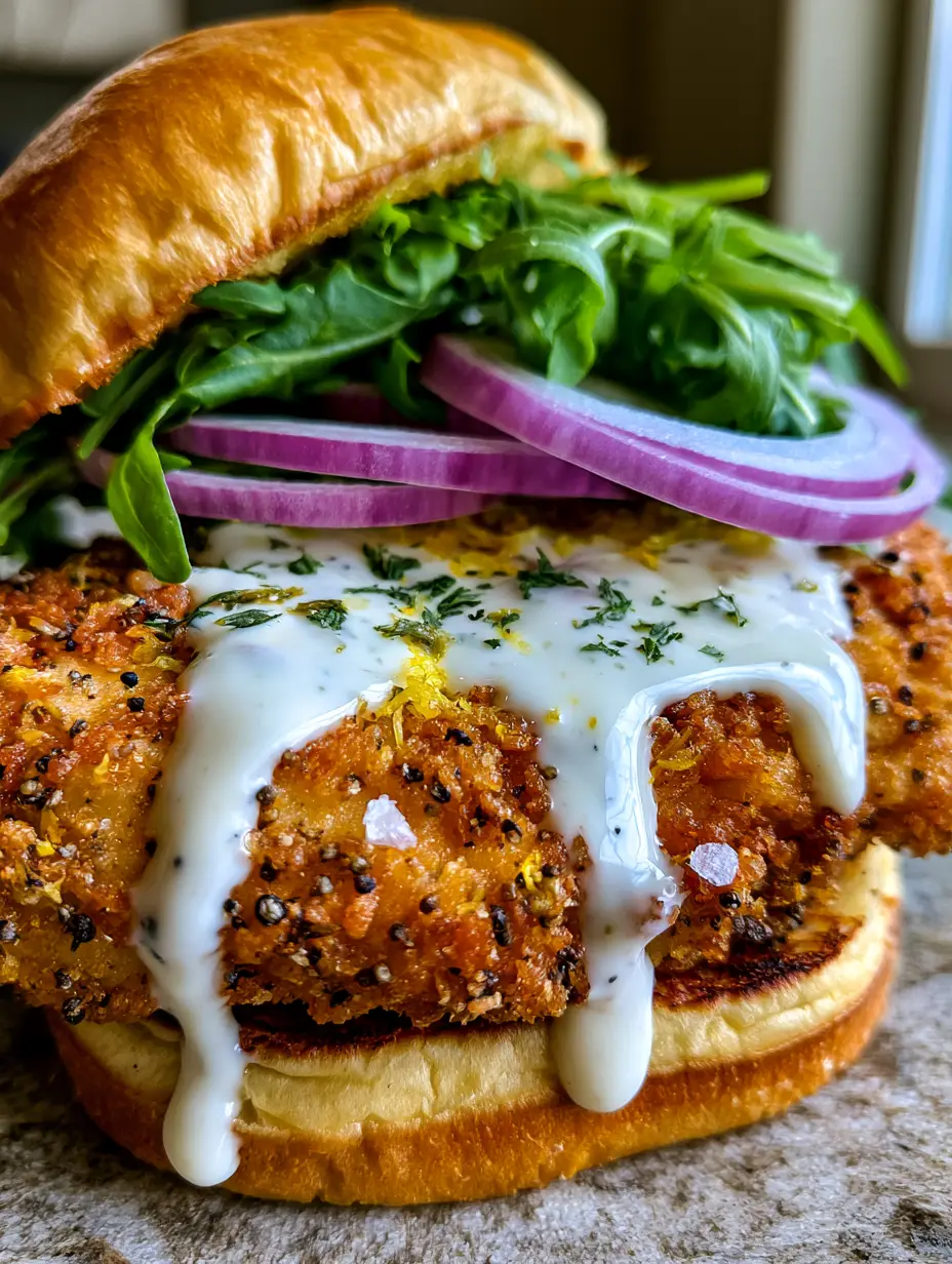Detailed view of the ultra-crispy breaded chicken crust with visible black pepper and lemon zest flakes.