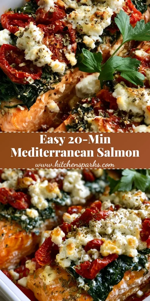 Mediterranean Baked Salmon with Toasted Feta and Sun-Dried Tomatoes 4 A top-down view of Mediterranean Baked Salmon in a white ceramic dish with spinach, sun-dried tomatoes, and toasted feta garnish.