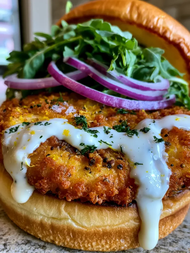The assembled Crispy Lemon Pepper Chicken Sandwich featuring arugula and translucent red onion rings.