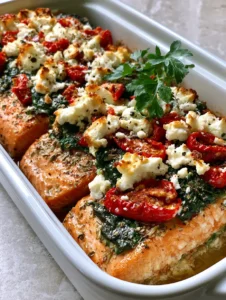 Close-up of thick flaky Mediterranean Baked Salmon fillets with visible oregano and cracked black pepper flakes.