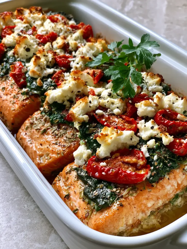 Mediterranean Baked Salmon with Toasted Feta and Sun-Dried Tomatoes 2 Close-up of thick flaky Mediterranean Baked Salmon fillets with visible oregano and cracked black pepper flakes.