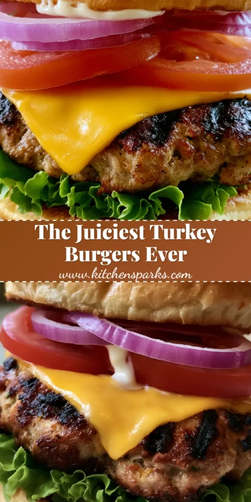 A tall gourmet turkey burger on a white plate with melted cheddar and sesame brioche bun. (Juicy Ground Turkey Burger Recipe)