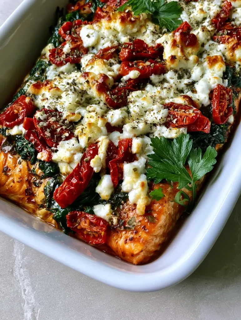 Mediterranean Baked Salmon with Toasted Feta and Sun-Dried Tomatoes 1 Top-down view of Mediterranean Baked Salmon showing the layer of dark green spinach and bright red sun-dried tomatoes.