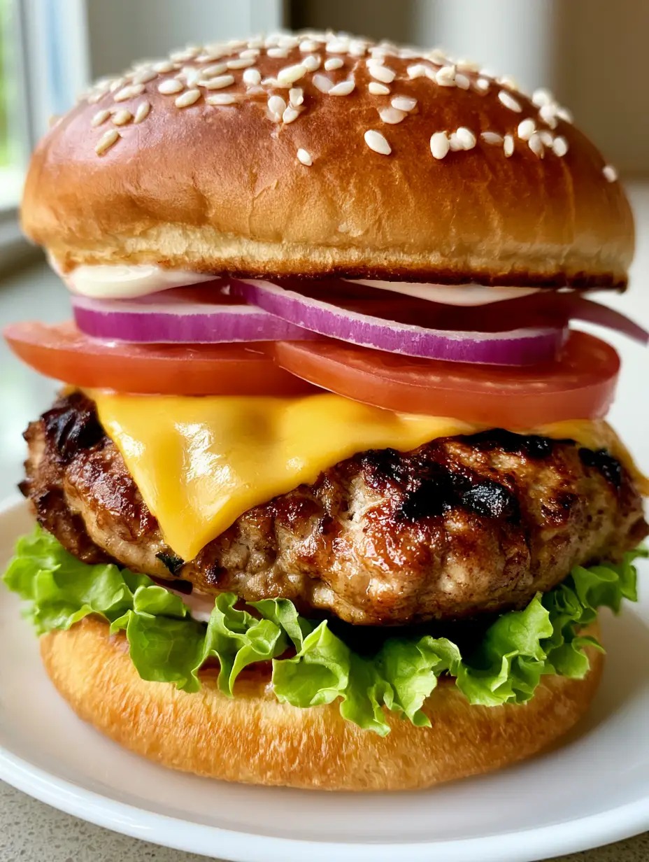 Smartphone photo of a tall gourmet turkey burger with seared edges and raw red onion rings. (Juicy Ground Turkey Burger Recipe)