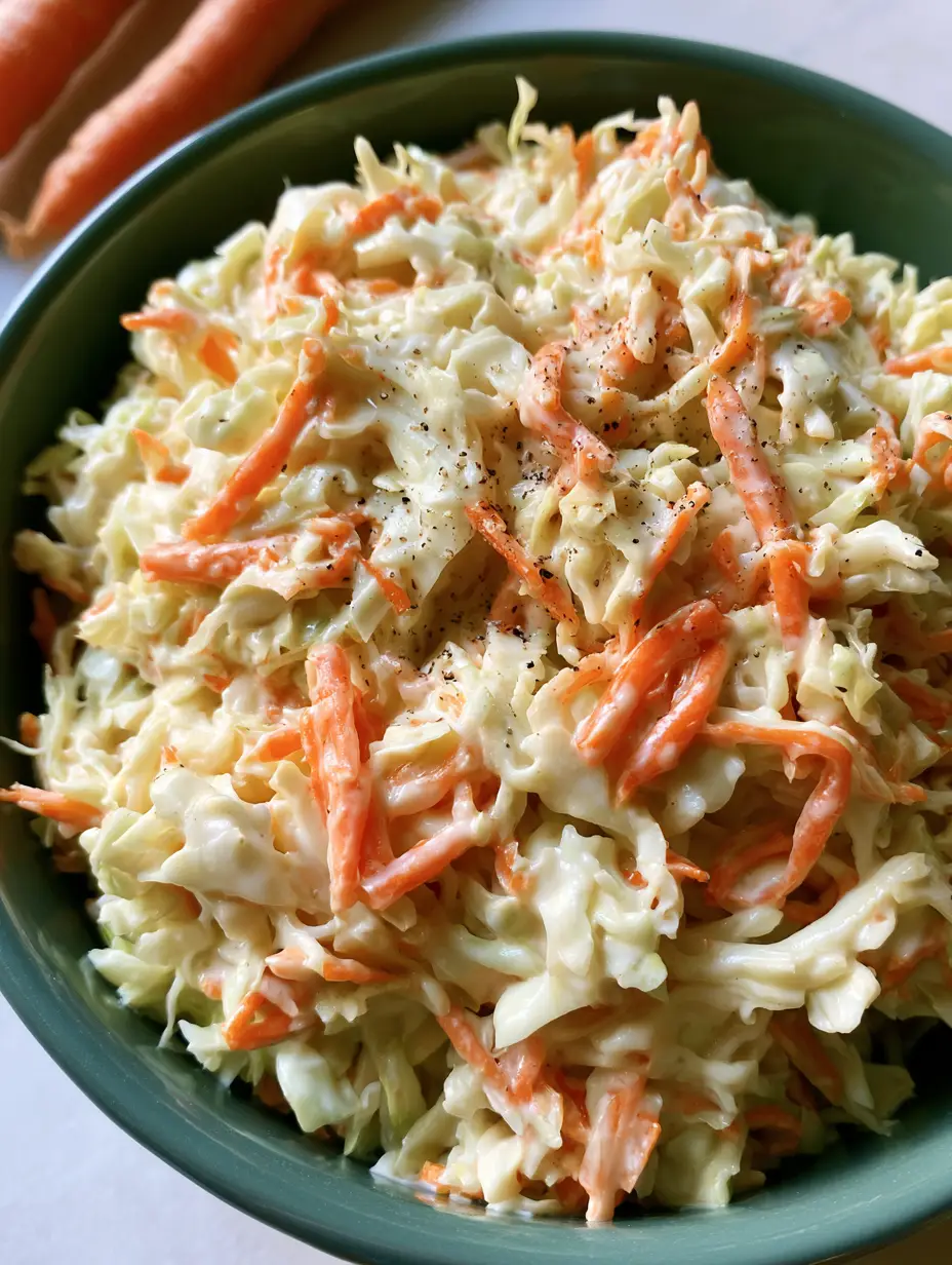 A high-angle shot of a deep green bowl of creamy coleslaw with ivory dressing and cracked pepper. (Homemade Coleslaw Recipe)