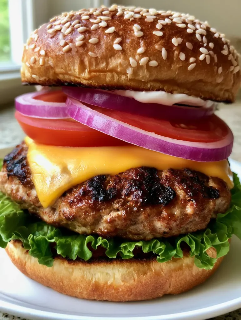 Juicy turkey burger with melted cheese and mayonnaise drip on a sesame brioche bun.
