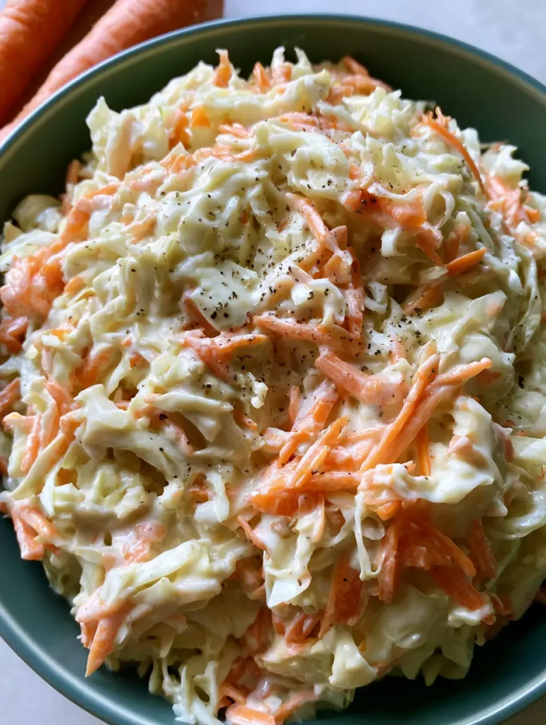 Close up of shredded green cabbage and julienned orange carrots in a glossy ivory dressing with black pepper specks.