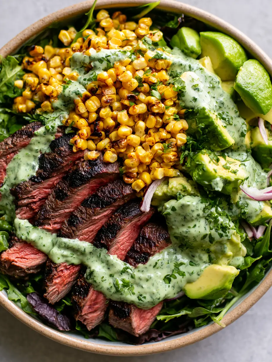 Close-up of a Whole30 Steak and Avocado Bowl with dark leafy greens and seared steak grill marks.