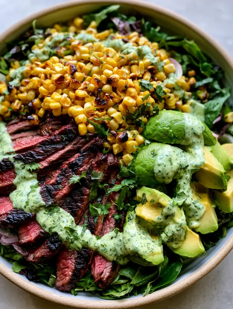 A top-down ceramic bowl filled with the Whole30 Steak and Avocado Bowl, drizzled with light green cilantro sauce.