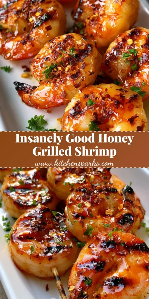 Top-down view of honey-glazed jumbo shrimp skewers on a white platter with lemon and parsley. (Grilled Shrimp Recipe)
