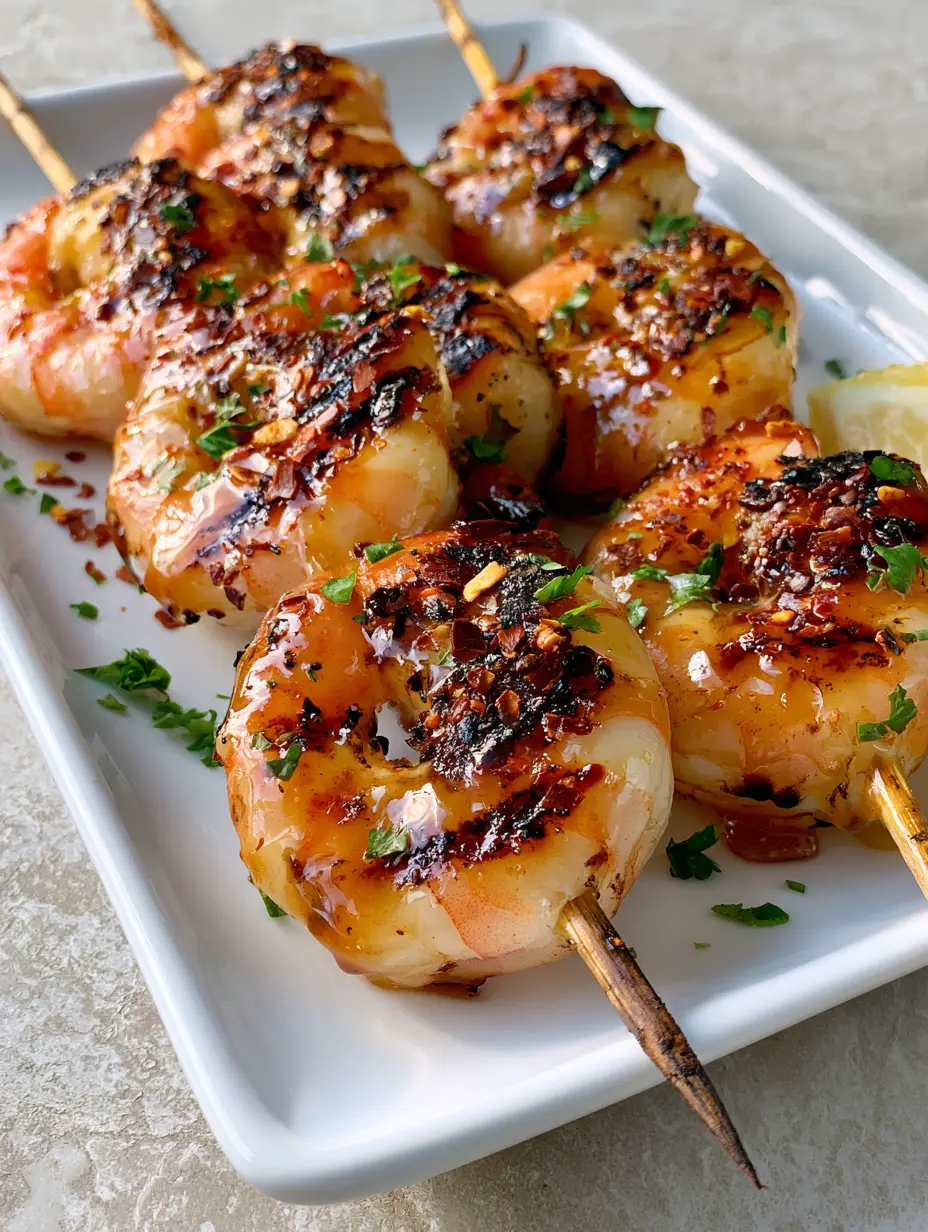 Close-up of four shrimp skewers with dark brown grill marks and a glistening translucent amber glaze. (Grilled Shrimp Recipe)