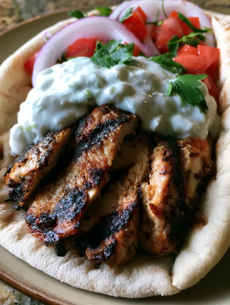 Greek Chicken Gyros: The Ultimate Authentic Mediterranean Street Food Guide 2 Close-up of Greek Chicken Gyros showing dark brown char marks on grilled chicken breast and vibrant red tomatoes.