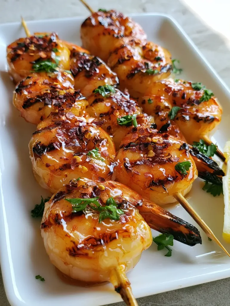 A white rectangular plate holding four skewers of honey-glazed shrimp garnished with chili flakes and parsley.