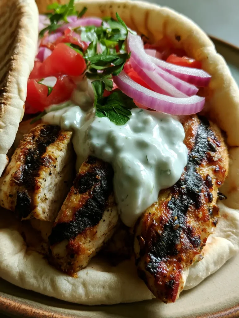 Greek Chicken Gyros: The Ultimate Authentic Mediterranean Street Food Guide 1 Authentic Greek Chicken Gyros held in a soft pita with thick cucumber tzatziki sauce dolloped over the meat.