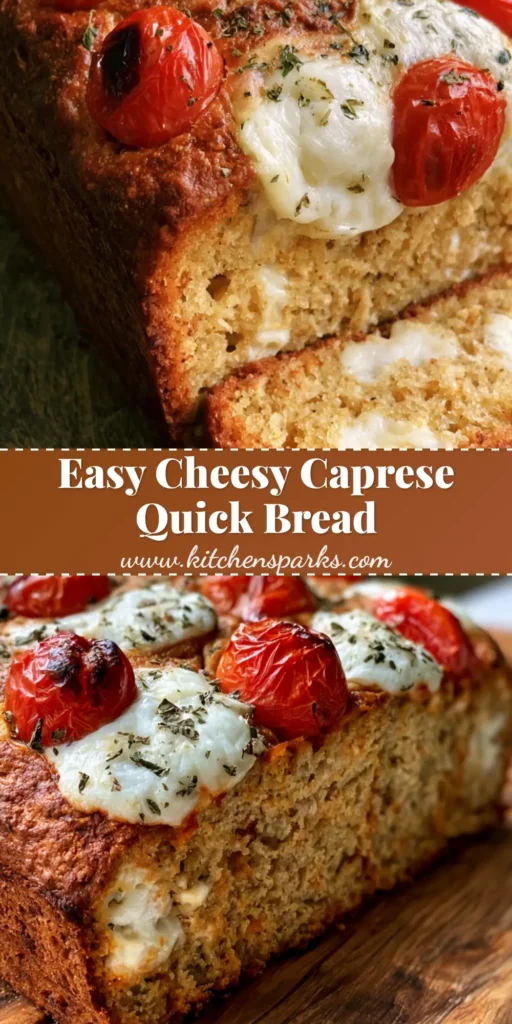 Caprese Quick Bread with Blistered Tomatoes and Melty Mozzarella 4 A rustic loaf of Caprese Quick Bread with blistered cherry tomatoes and melted mozzarella on a wooden board.