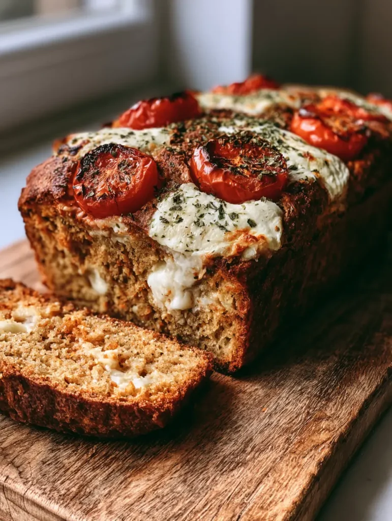 Handheld smartphone photo of sliced Caprese Quick Bread showing mozzarella pockets and a golden crust.