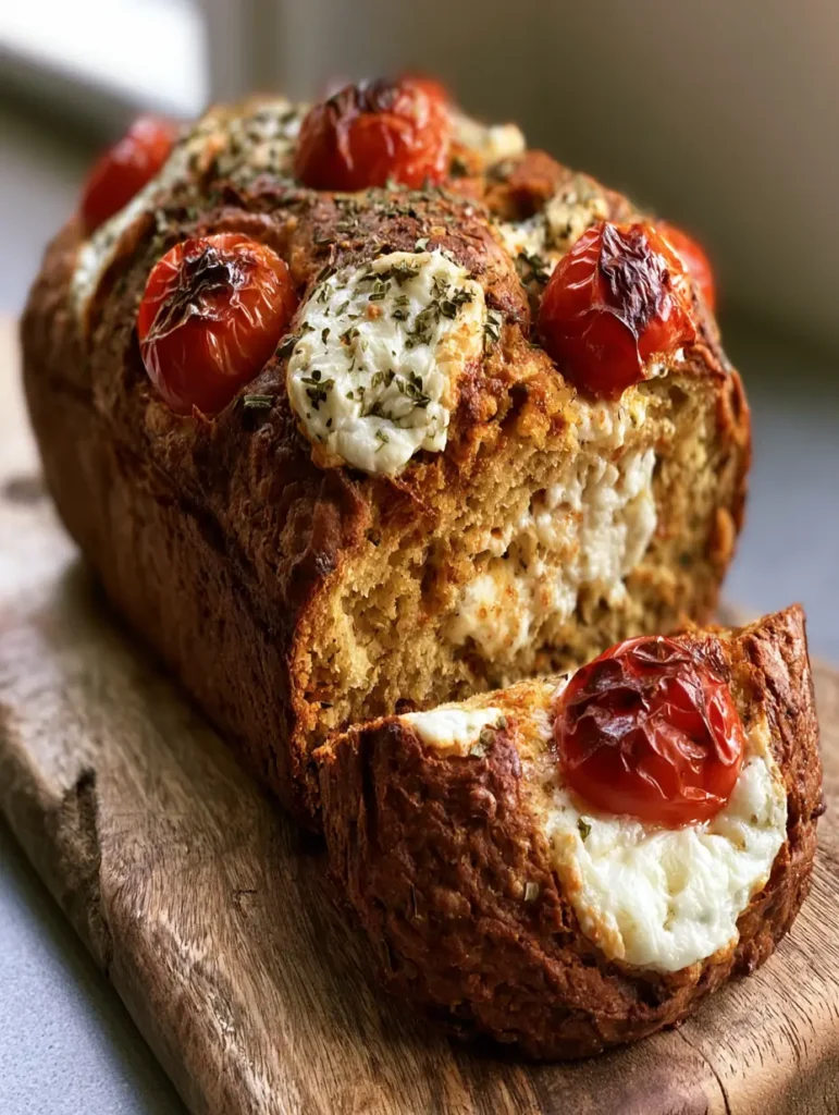 Caprese Quick Bread with Blistered Tomatoes and Melty Mozzarella 1 Close-up of blistered cherry tomatoes and dried herbs on top of a Caprese Quick Bread loaf.
