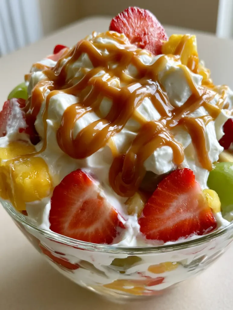 A clear glass bowl filled with a thick velvety white Cheesecake Fruit Salad base, halved strawberries, and pineapple.