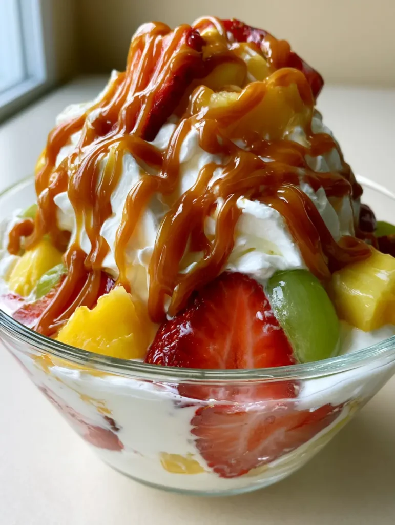 Detail shot of the glossy golden-brown caramel sauce drizzled over a Cheesecake Fruit Salad.
