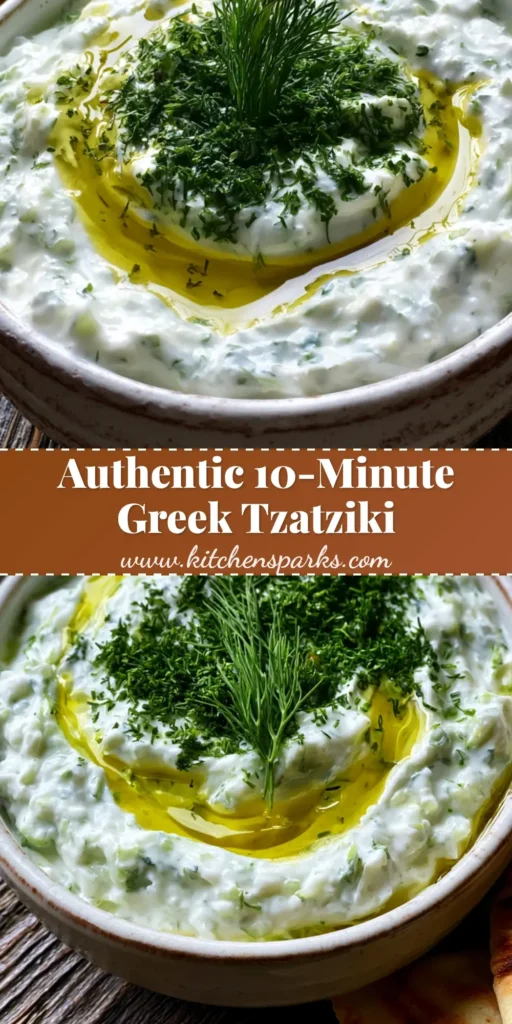 Authentic Greek Tzatziki Recipe: The Secret to a Thick and Creamy Mediterranean Classic 4 A rustic white bowl of creamy dip with an olive oil swirl and fresh dill garnish on a wooden table. (Authentic Greek Tzatziki Recipe)