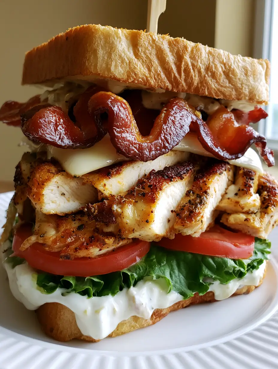 Close-up of a Chicken Club Sandwich Recipe showing golden-seared chicken breast slices, melted cheese, and vibrant red tomatoes.