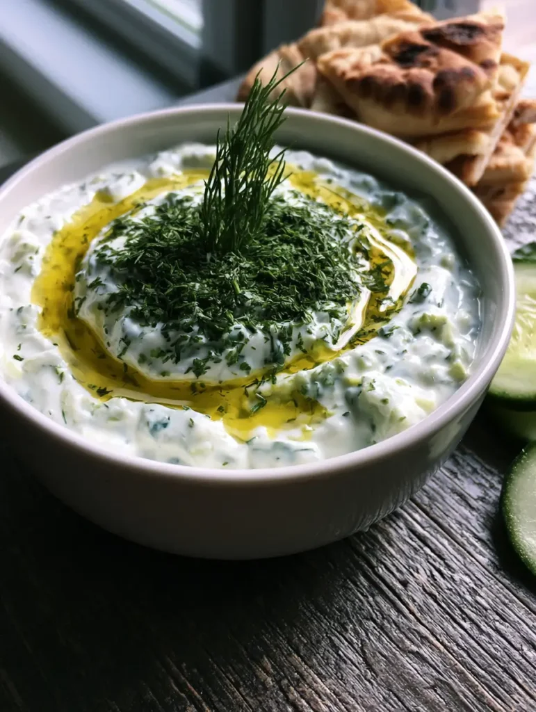 Authentic Greek Tzatziki Recipe: The Secret to a Thick and Creamy Mediterranean Classic 2 Overhead shot of a rustic white bowl filled with thick tzatziki and a glossy olive oil swirl. (Authentic Greek Tzatziki Recipe)