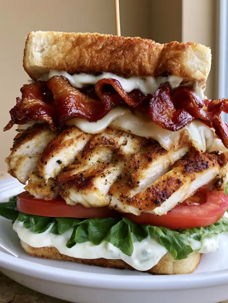 A handheld-style photo of a massive stacked chicken club sandwich with glistening wavy bacon and creamy white sauce.